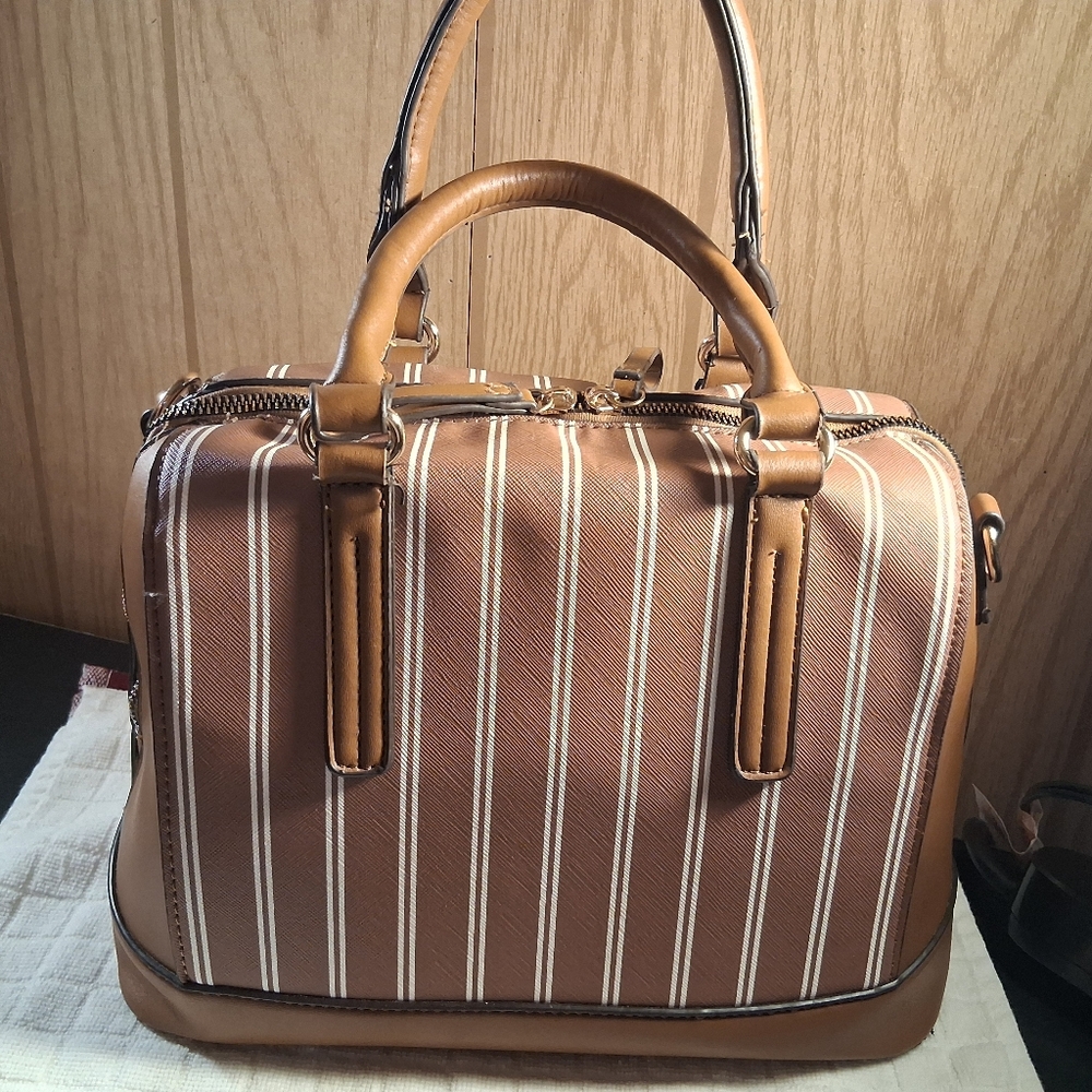 Adrienne Vittadini Brown and Cream Striped Satchel - Picture 2 of 5